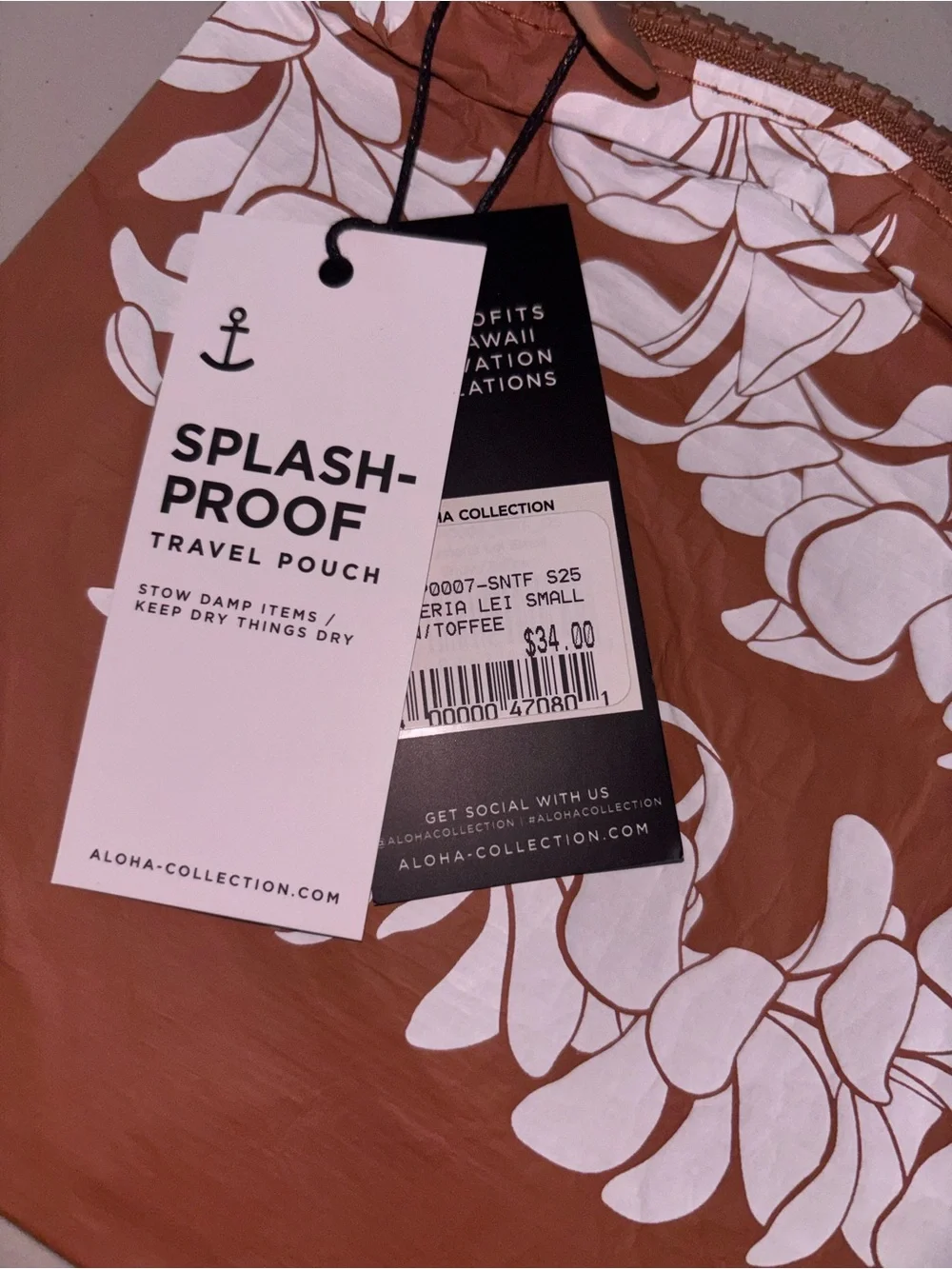Splash-Proof Brown Travel Pouch with White Floral Print